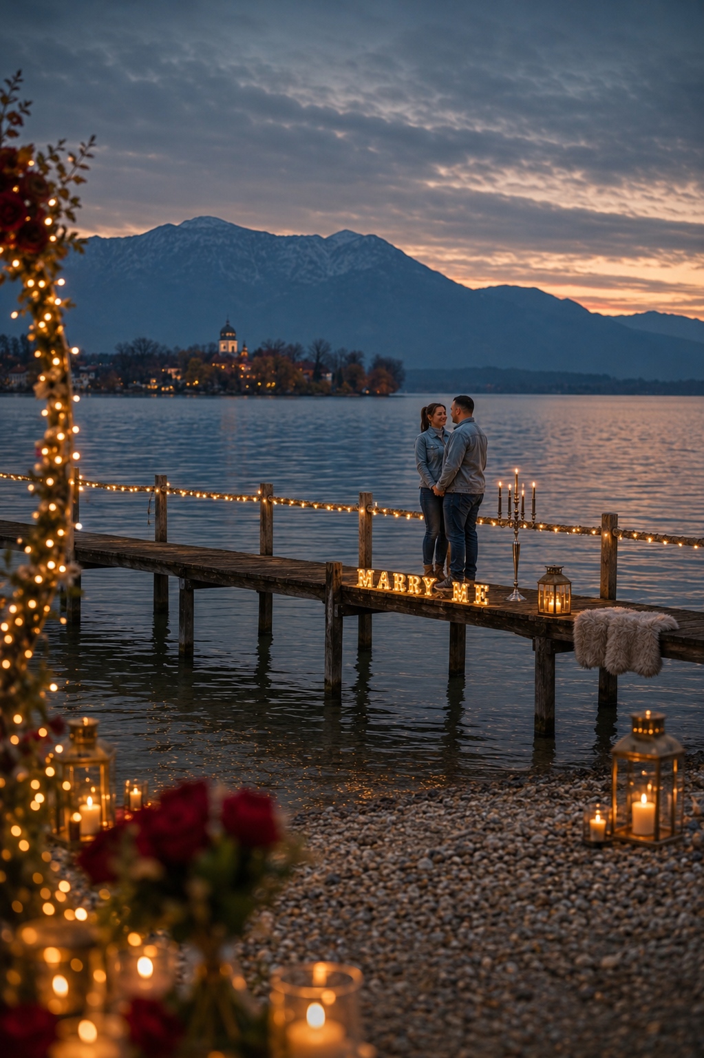 Paar im Jeanshemd auf einem Steg am See