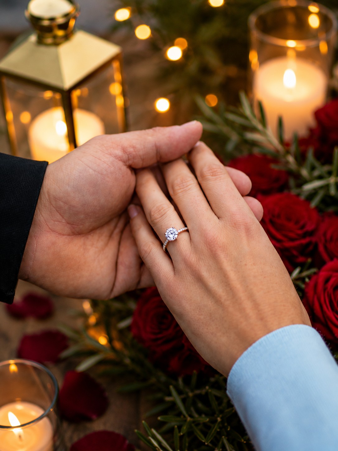 Verlobungsring auf Händen mit Kerzenschein und roten Rosen